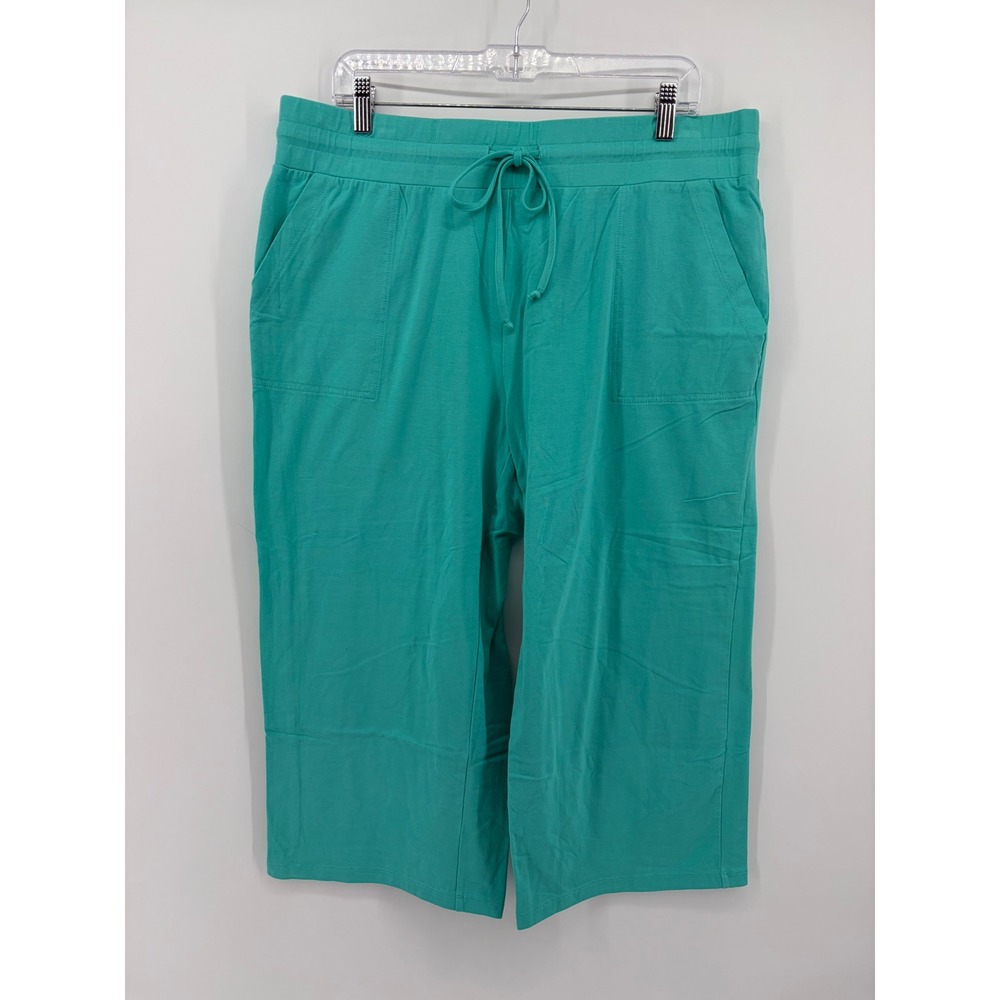 Belle by Kim Gravel Womens Large Petite Teal Crop Pants Wide Leg Drawstring Knit